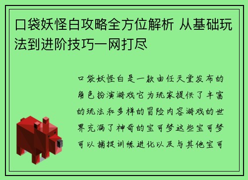 口袋妖怪白攻略全方位解析 从基础玩法到进阶技巧一网打尽